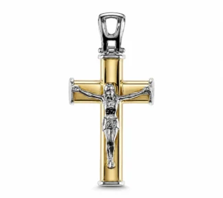 Ciondolo croce in oro 18k bicolore con Cristo
