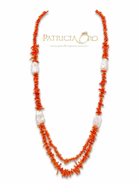 Collana in Corallo Sciacca e Perle Barocche Due Fili
