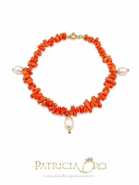 Bracciale Donna in Corallo Sciacca e Perle con Chiusura Argento 925