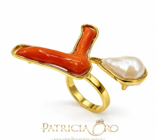 Anello regolabile donna con ramo di corallo sciacca e perla barocca
