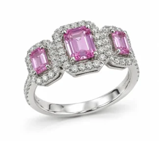 Anello trilogy donna con zaffiro rosa e diamanti
