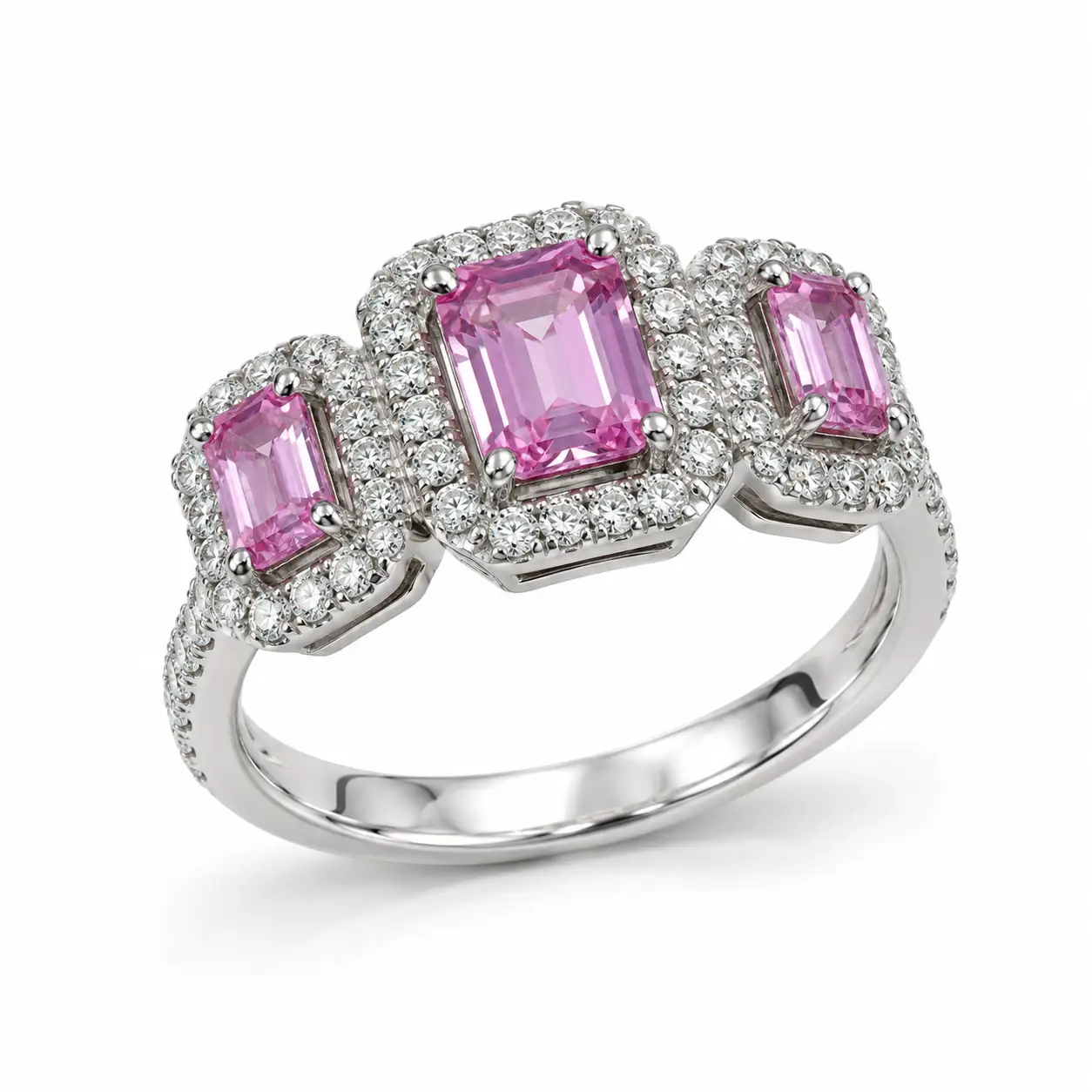 Anello trilogy donna con zaffiro rosa e diamanti