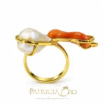 Anello regolabile donna con ramo di corallo sciacca e perla barocca