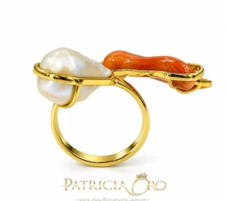 Anello regolabile donna con ramo di corallo sciacca e perla barocca