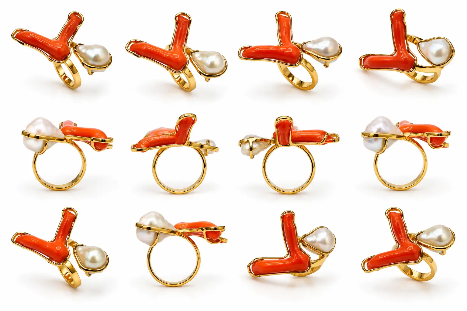Anello regolabile donna con ramo di corallo sciacca e perla barocca